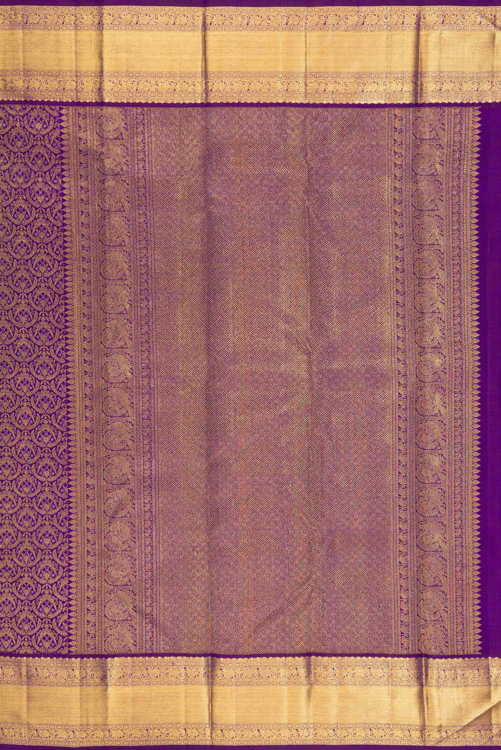Close up image of the pallu of Pure Silk Violet Kanchipuram Saree with Zari Brocade on the body and Zari Border. 