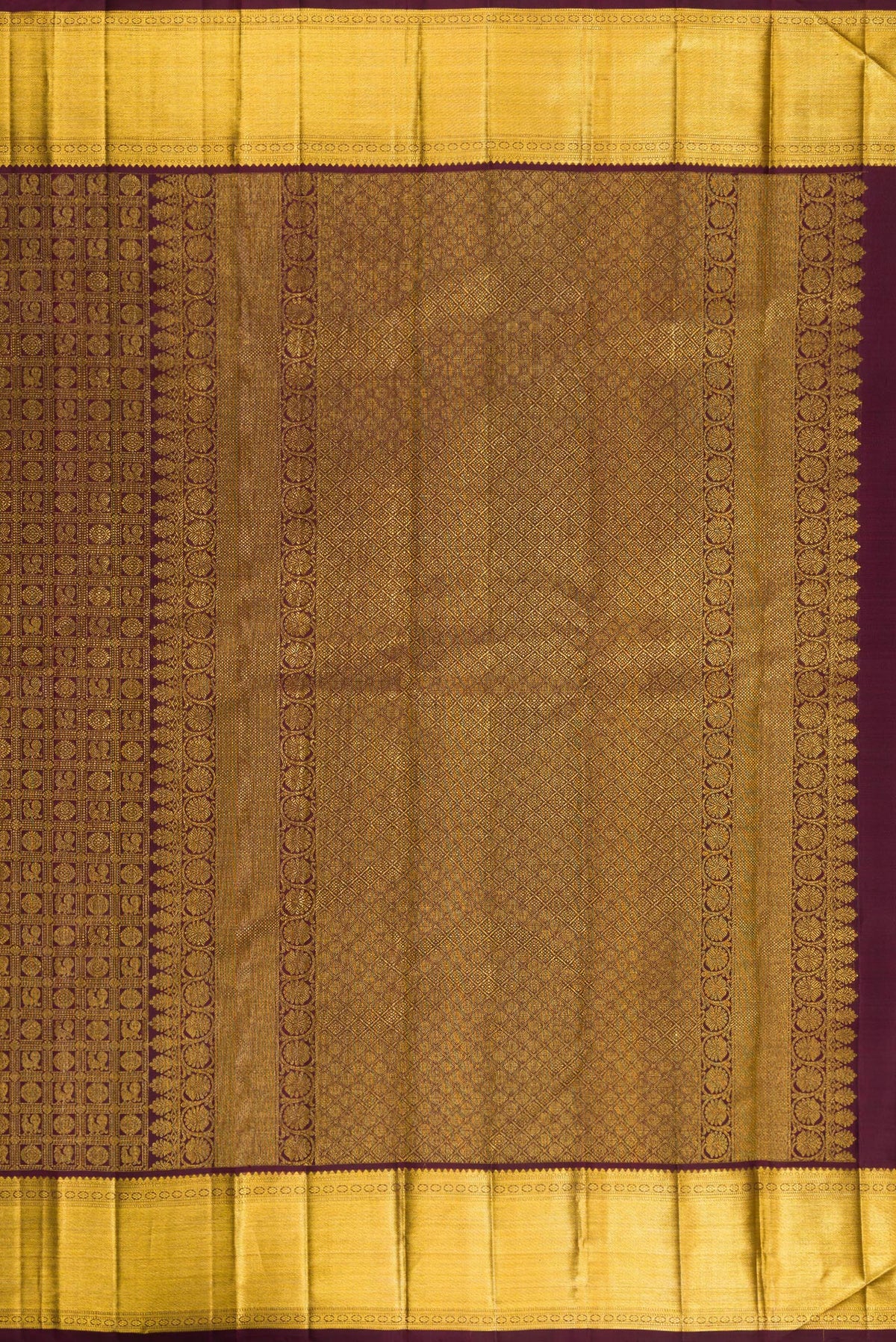 Close up image of the pallu of Pure Silk Coffee Brown Kanchipuram Saree with Zari Brocade on the body and Zari Border. 