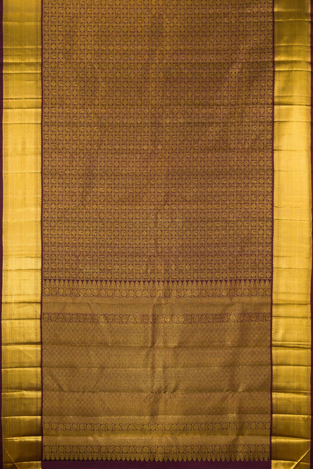 Flat view of Pure Silk Coffee Brown Kanchipuram Saree with Zari Brocade on the body and Zari Border. 