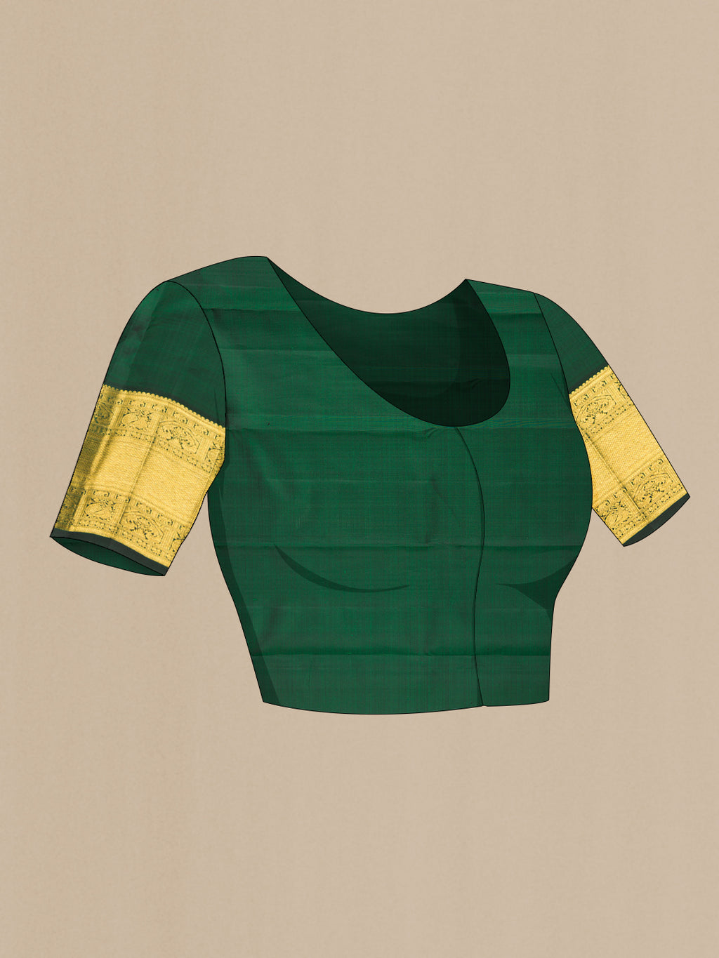 Close up image of the blouse of Pure Silk Bottle Green Kanchipuram Saree with Zari Brocade on the body and Zari Border. 