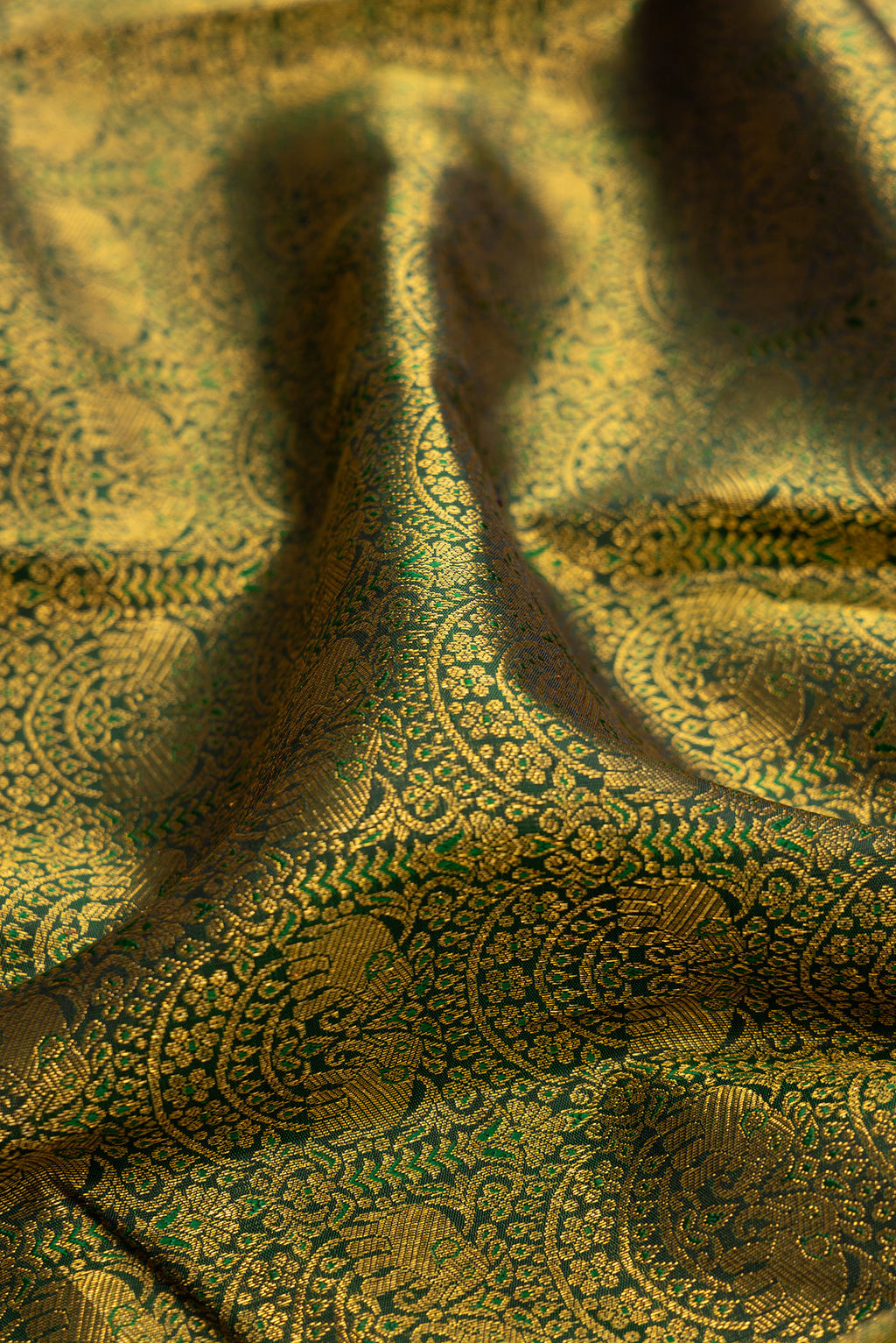 Close up of Pure Silk Bottle Green Kanchipuram Saree with Zari Brocade on the body and Zari Border.  displaying folds