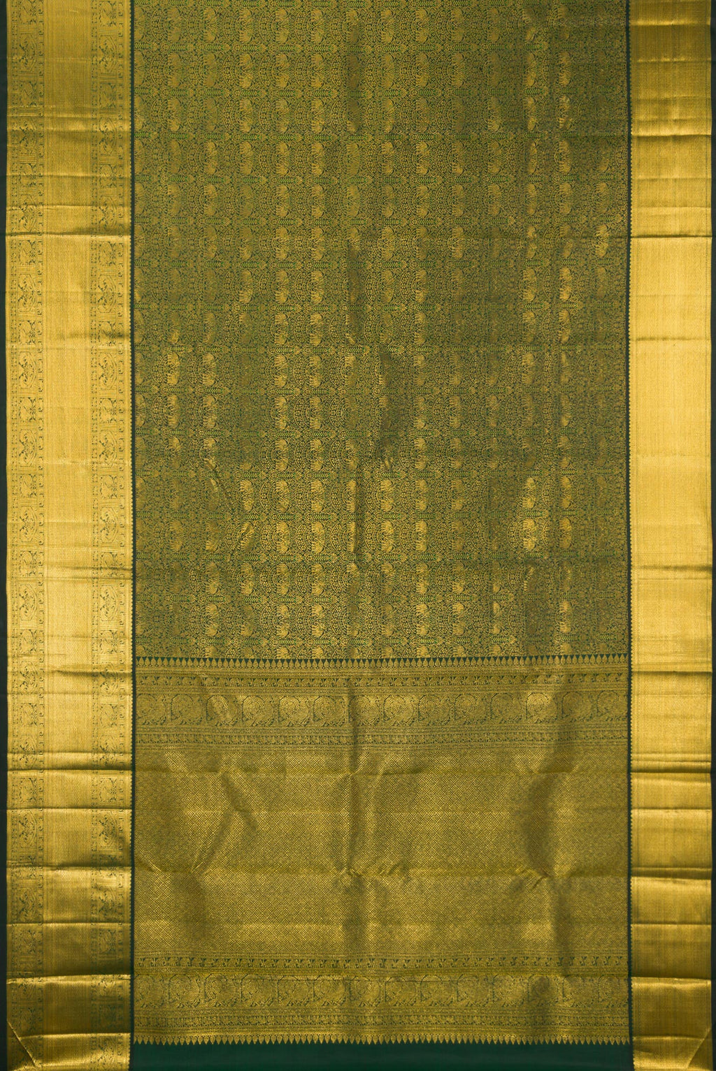 Flat view of Pure Silk Bottle Green Kanchipuram Saree with Zari Brocade on the body and Zari Border. 