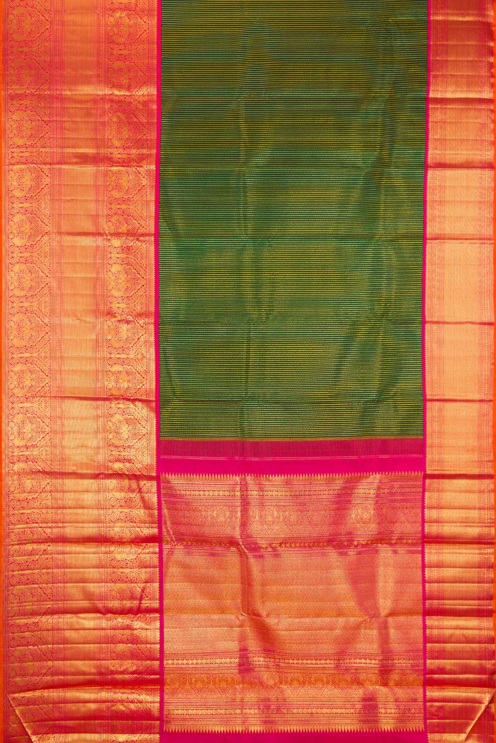 Flat view of Pure Silk Bottle Green Kanchipuram Saree with Stripes on the body and Zari Border. 