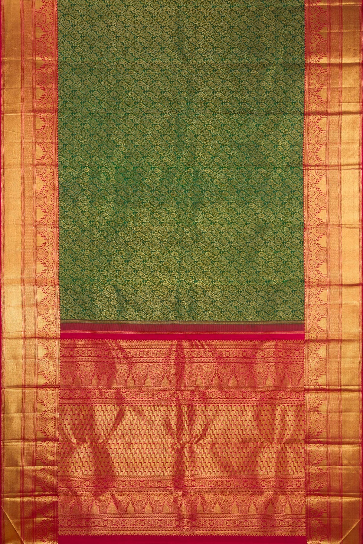 Flat view of Pure Silk Green Kanjivaram Saree with Zari Brocade on the body and Zari Border. 