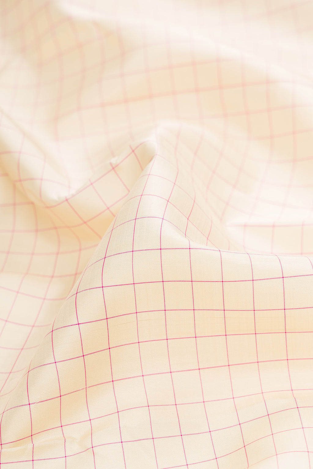 Close up of Beige Dual Tone Kanjivaram Silk Saree with Checked design on the body and Zari Border.  displaying folds