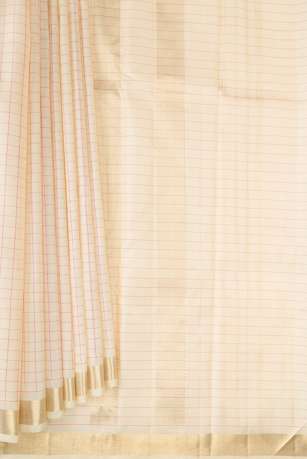 Pleats and pallu of Beige Dual Tone Kanjivaram Silk Saree with Checked design on the body and Zari Border. 