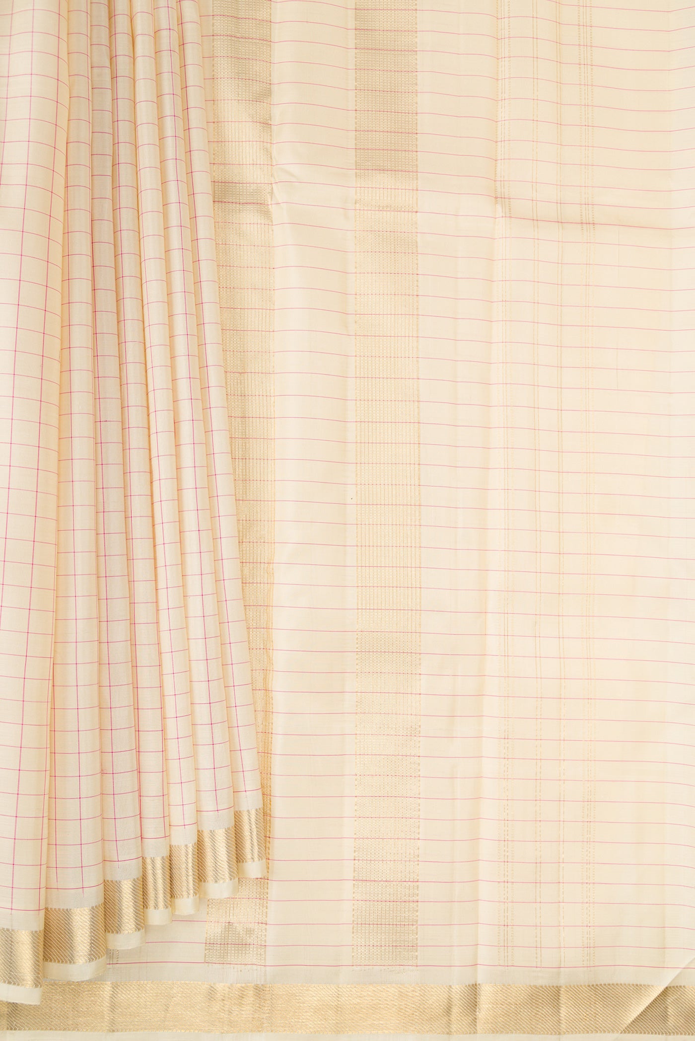 Pleats and pallu of Beige Dual Tone Kanjivaram Silk Saree with Checked design on the body and Zari Border. 