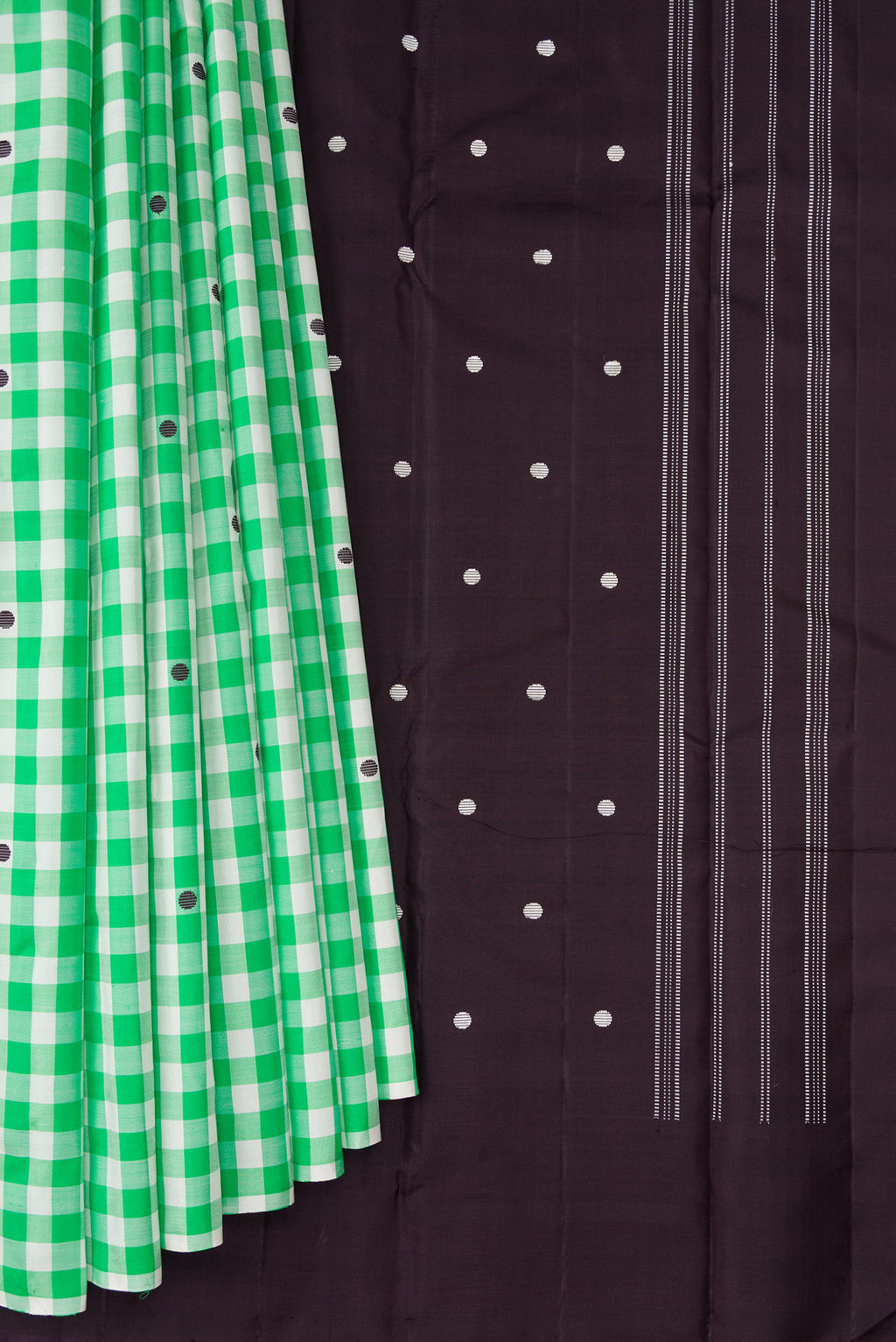Pleats and pallu of Multi Color Kanjivaram Silk Saree with Checked design on the body and Without Border. 