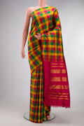 Multi Color Kanjivaram Silk Saree with Checked design on the body and Without Border.  displayed on a mannequin