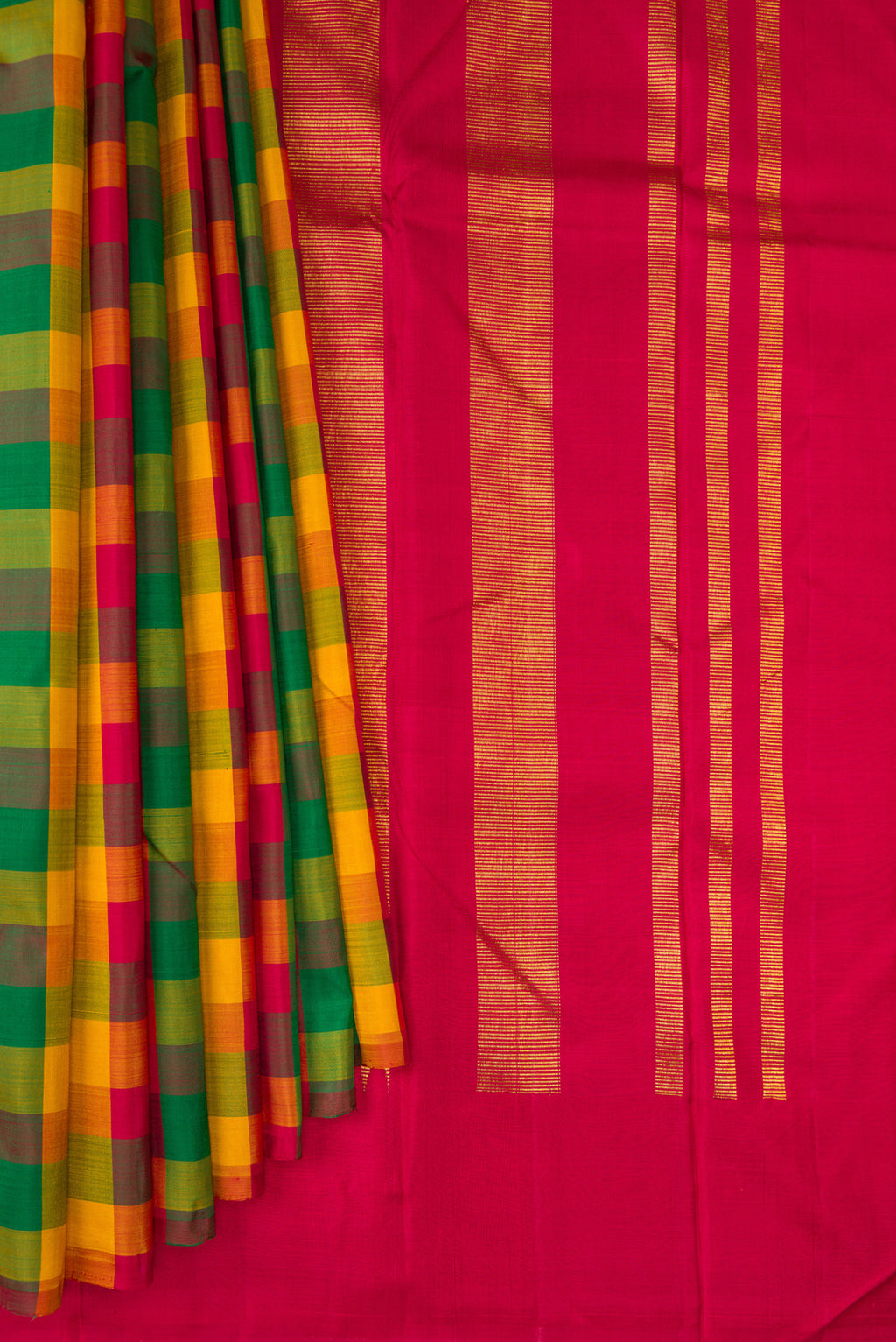 Pleats and pallu of Multi Color Kanjivaram Silk Saree with Checked design on the body and Without Border. 