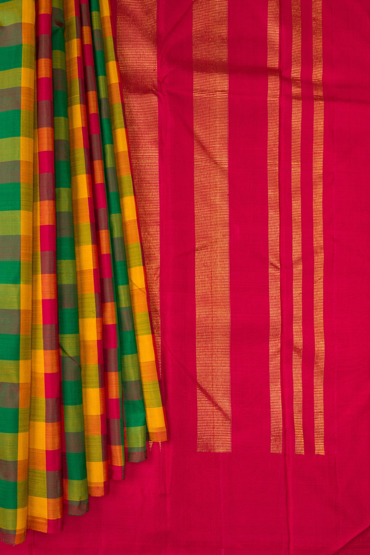 Pleats and pallu of Multi Color Kanjivaram Silk Saree with Checked design on the body and Without Border. 