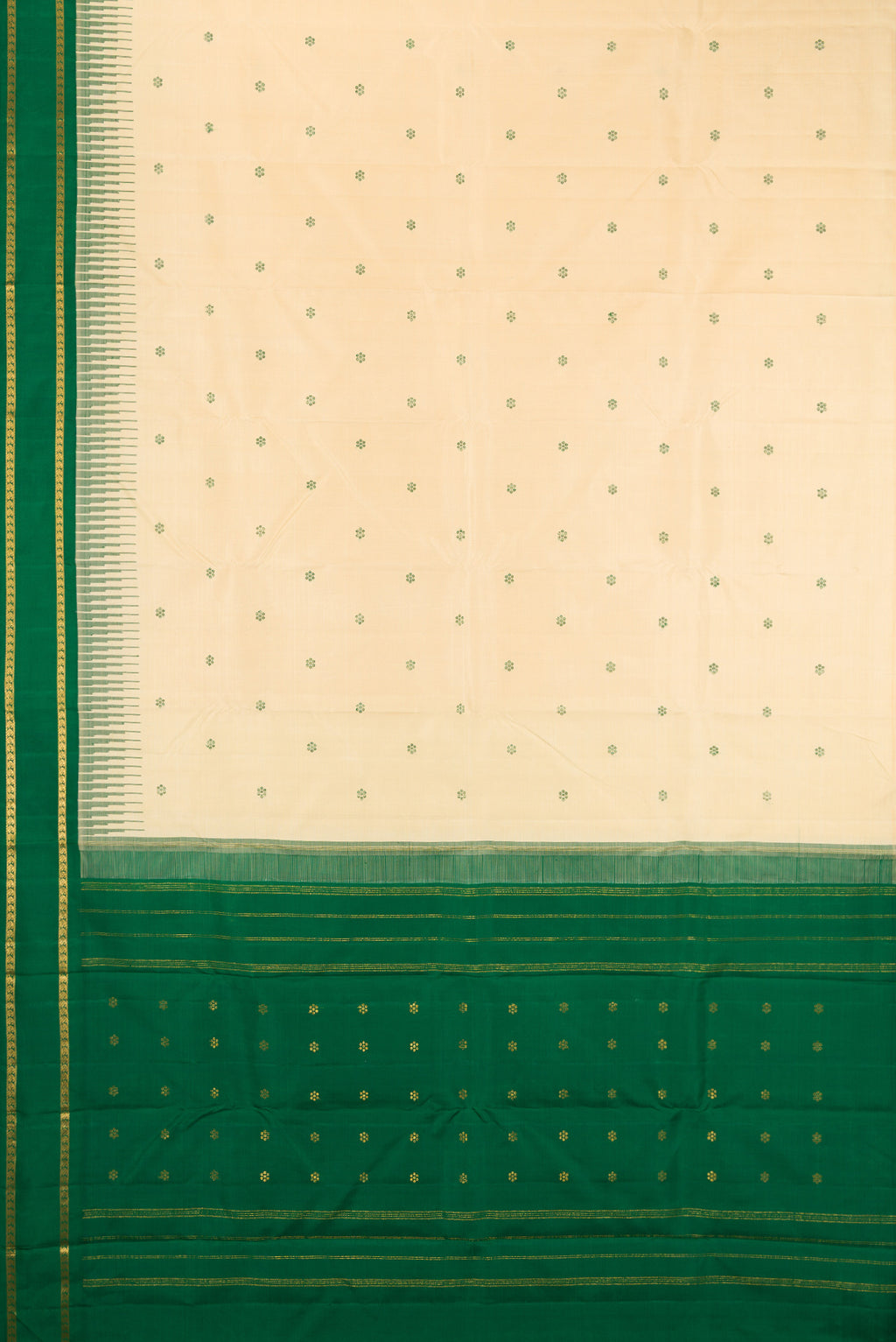 Flat view of Pure Silk Pure Zari Sandal Dual Tone Kanjivaram Saree with Thread Butta on the body and Zari Border. 