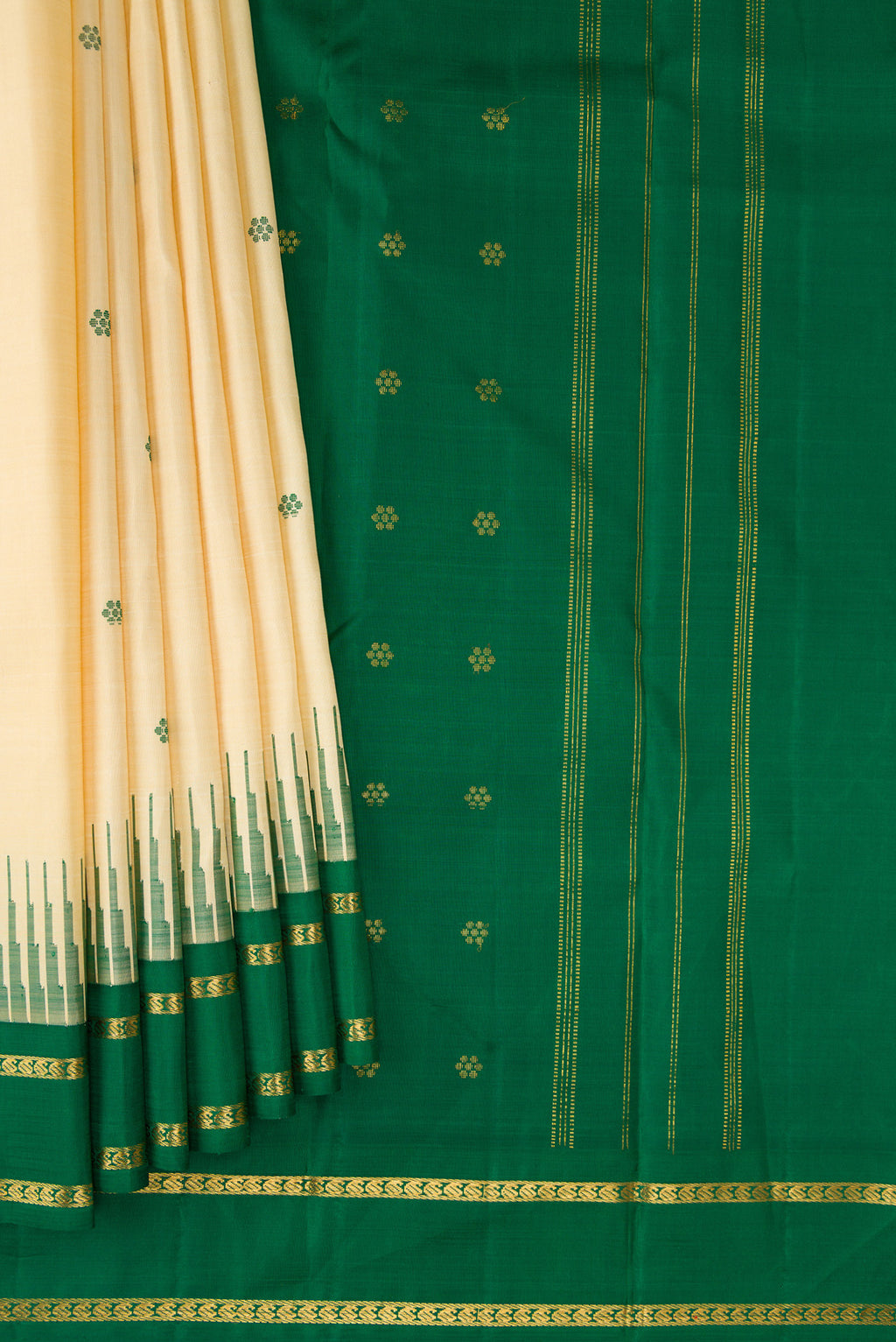 Pleats and pallu of Pure Silk Pure Zari Sandal Dual Tone Kanjivaram Saree with Thread Butta on the body and Zari Border. 