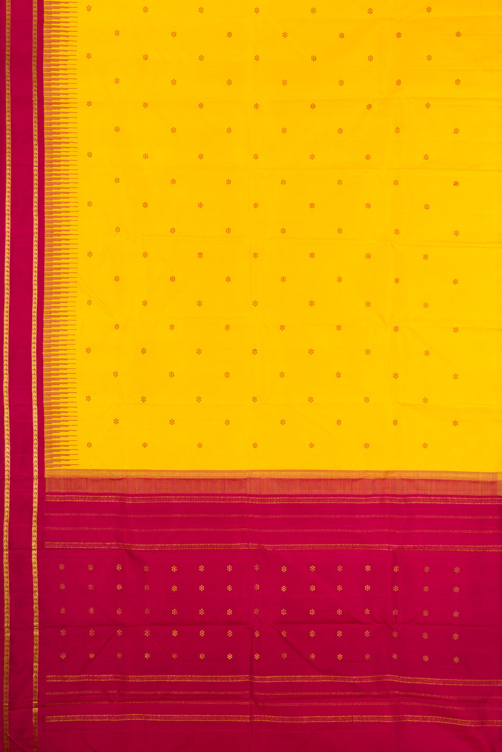 Flat view of Pure Silk Pure Zari Yellow Kanjivaram Saree with Thread Butta on the body and One Side Border. 