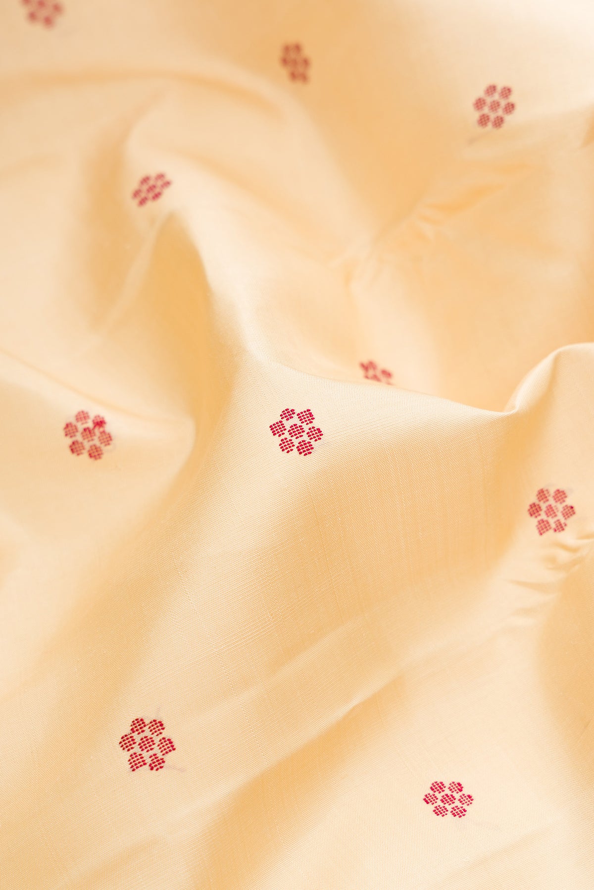 Close up of Pure Silk Pure Zari Sandal Kanjivaram Saree with Thread Butta on the body and Plain Border.  displaying folds