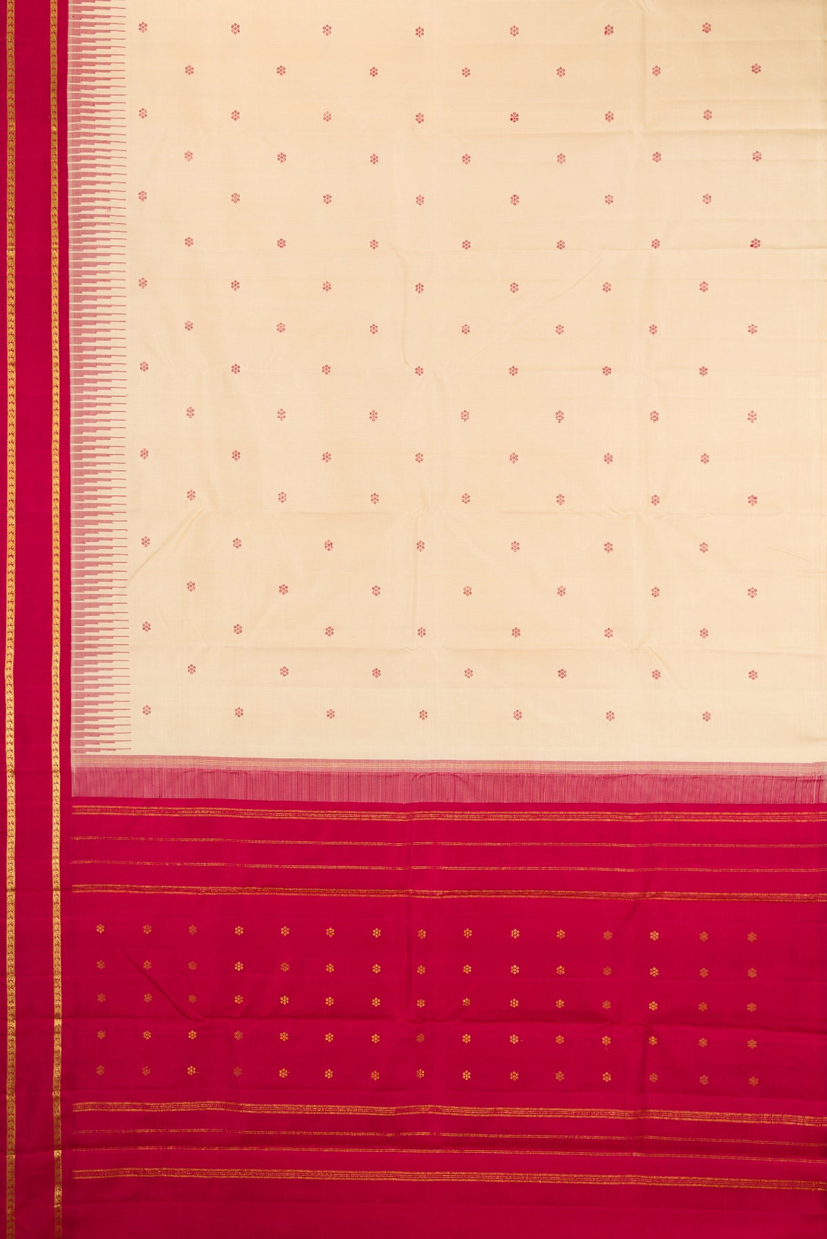 Flat view of Pure Silk Pure Zari Sandal Kanjivaram Saree with Thread Butta on the body and Plain Border. 