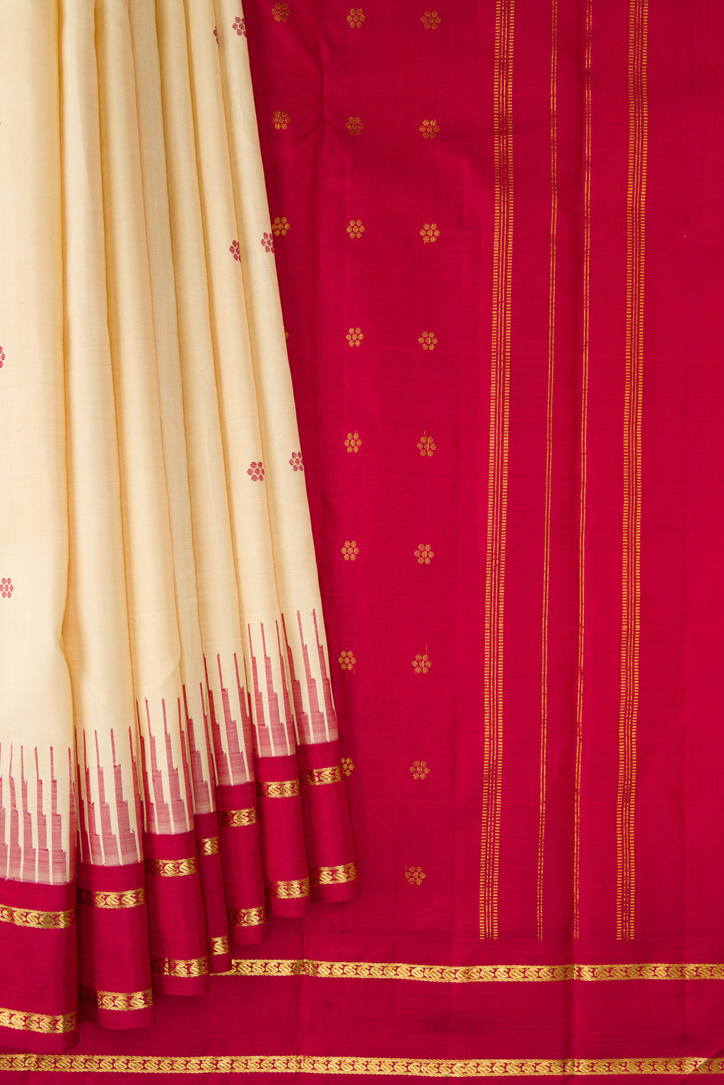 Pleats and pallu of Pure Silk Pure Zari Sandal Kanjivaram Saree with Thread Butta on the body and Plain Border. 