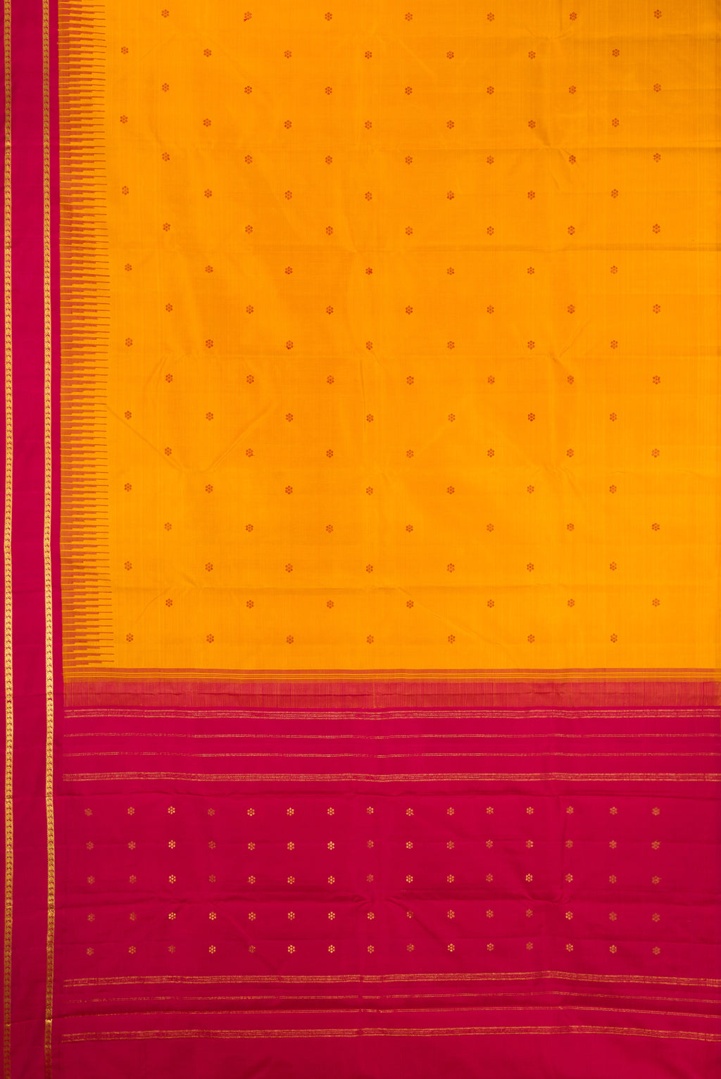 Flat view of Pure Silk Pure Zari Mustard Kanjivaram Saree with Thread Butta on the body and One Side Border. 