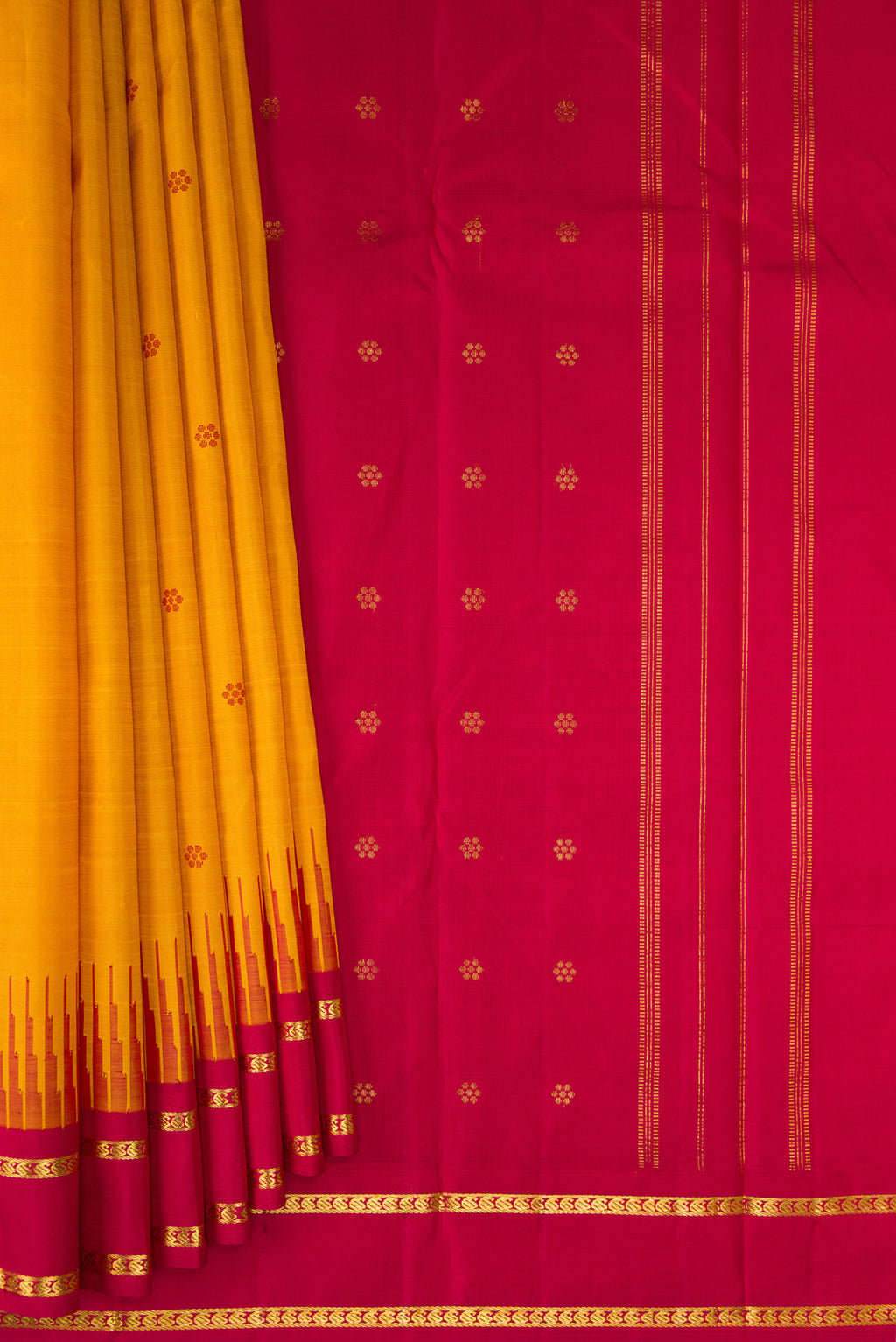 Pleats and pallu of Pure Silk Pure Zari Mustard Kanjivaram Saree with Thread Butta on the body and One Side Border. 