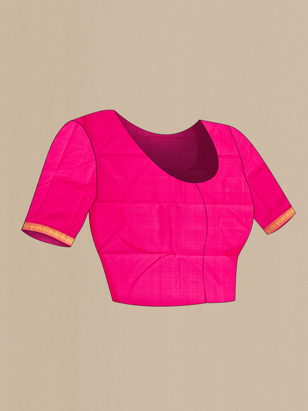 Close up image of the blouse of Magenta Kanchipuram Silk Saree with Zari Butta on the body and Zari Border. 