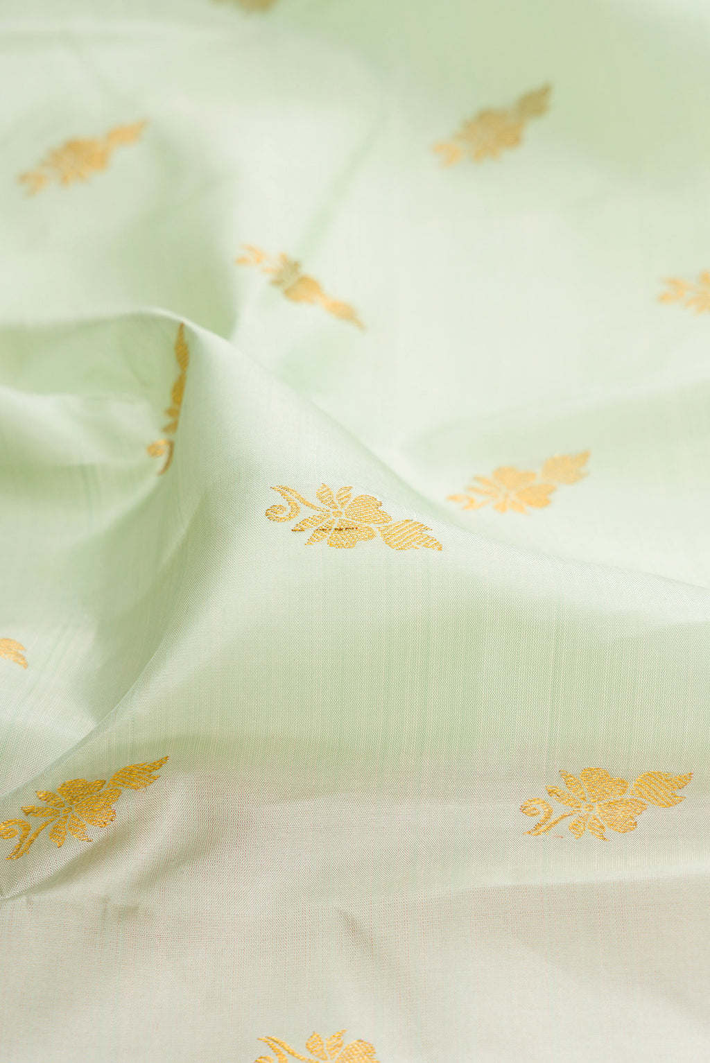 Close up of Light Green Kanchipuram Silk Saree with Zari Butta on the body and Zari Border.  displaying folds