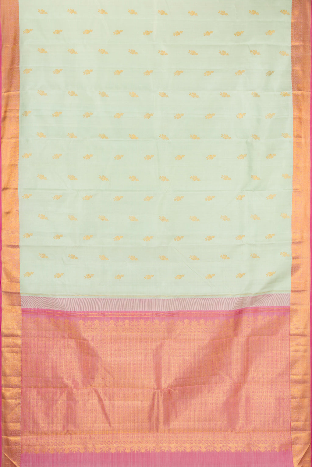 Flat view of Light Green Kanchipuram Silk Saree with Zari Butta on the body and Zari Border. 
