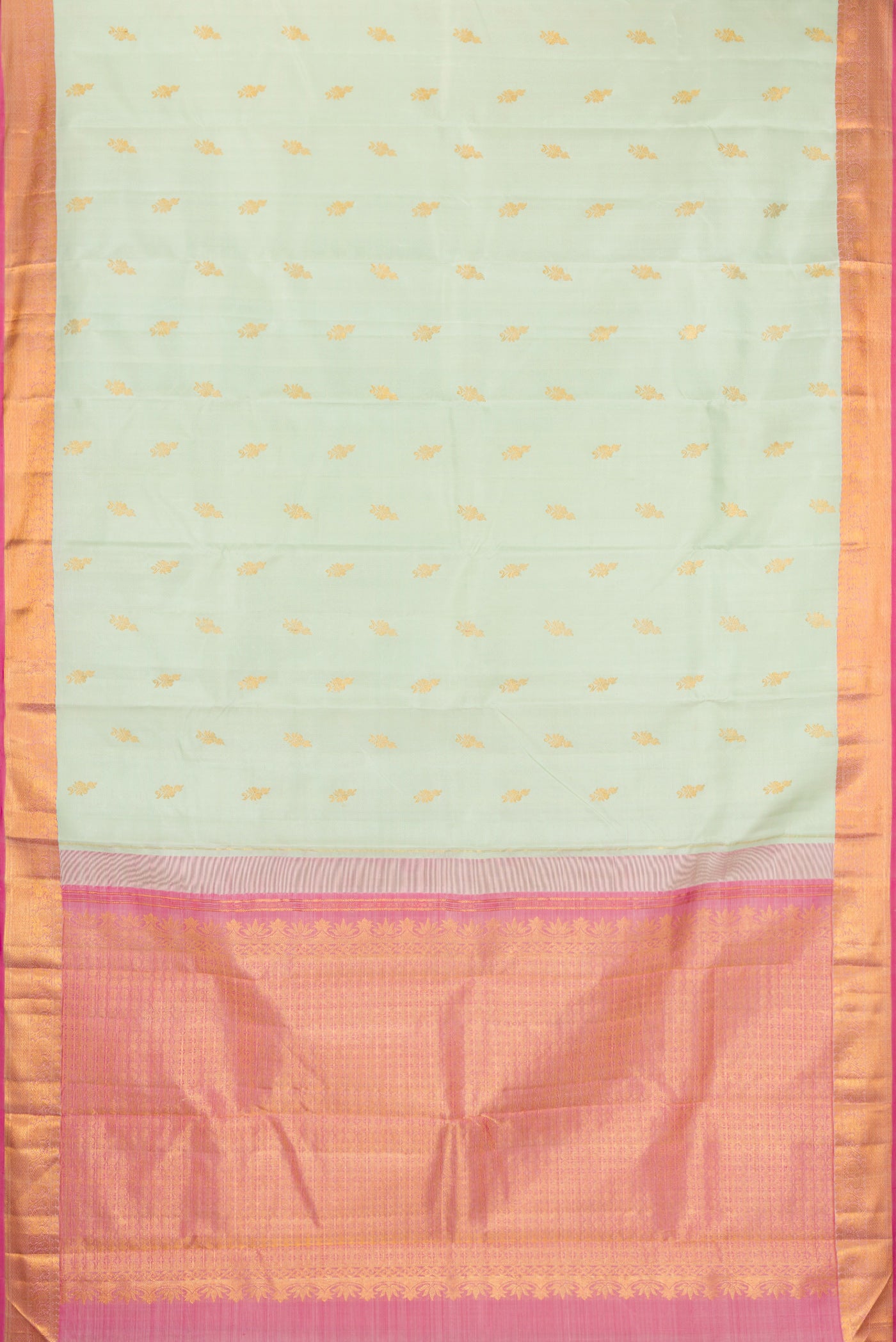 Flat view of Light Green Kanchipuram Silk Saree with Zari Butta on the body and Zari Border. 