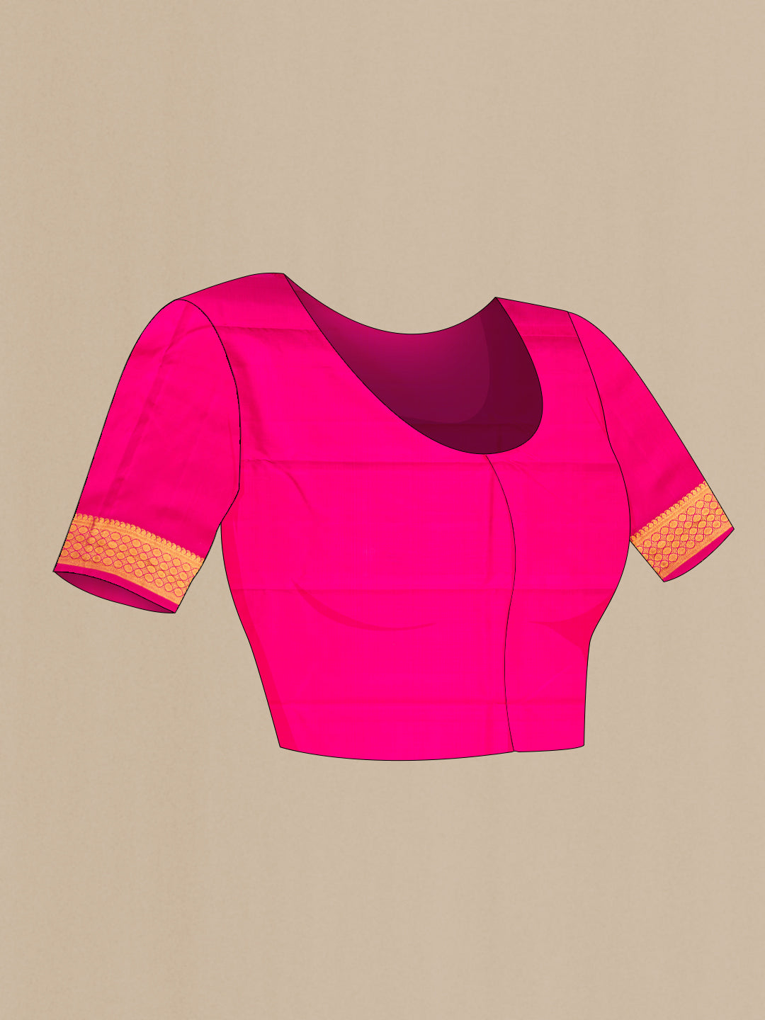 Close up image of the blouse of Pink Dual Tone Kanchipuram Silk Saree with Zari Butta on the body and Zari Border. 