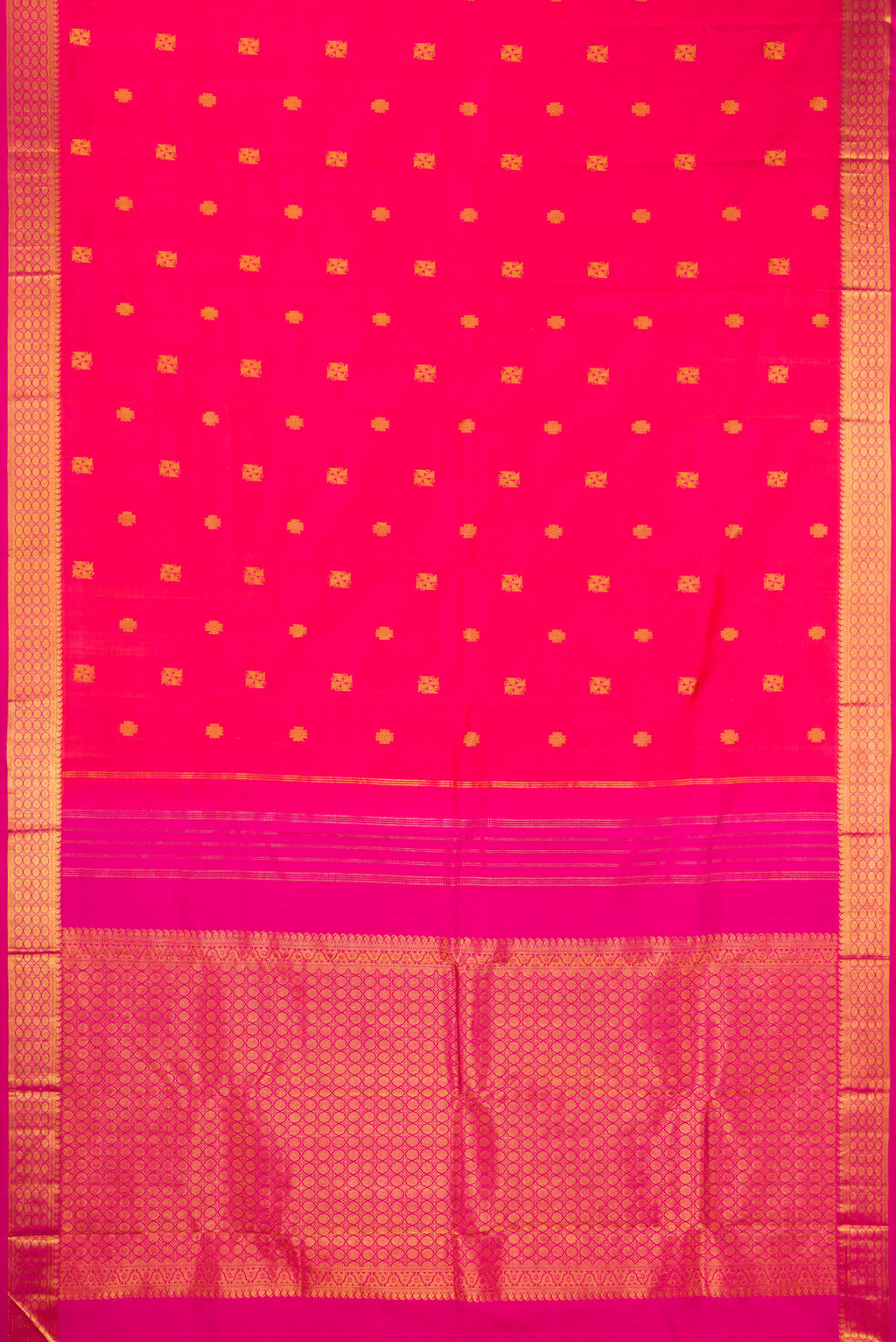Flat view of Pink Dual Tone Kanchipuram Silk Saree with Zari Butta on the body and Zari Border. 