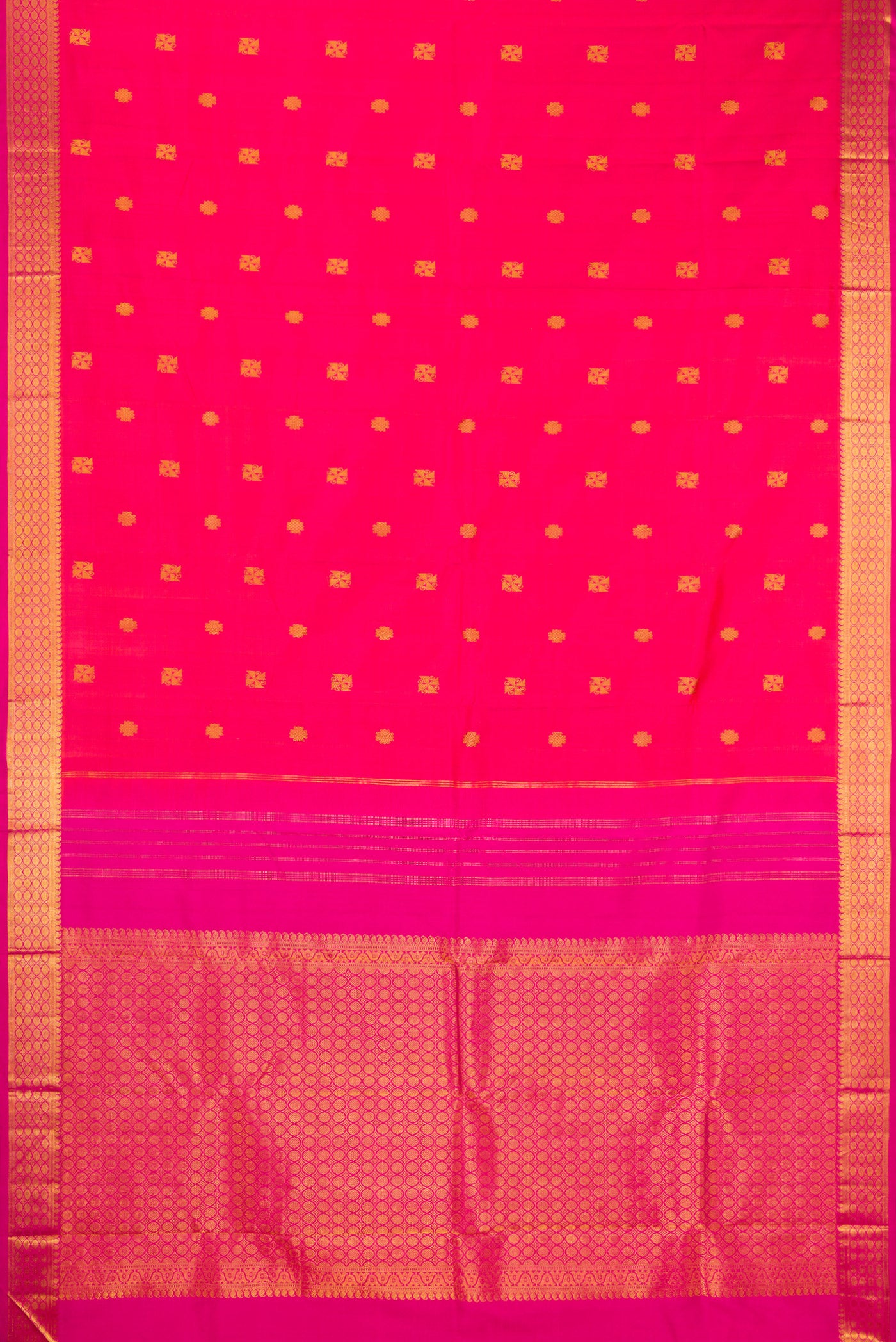 Flat view of Pink Dual Tone Kanchipuram Silk Saree with Zari Butta on the body and Zari Border. 