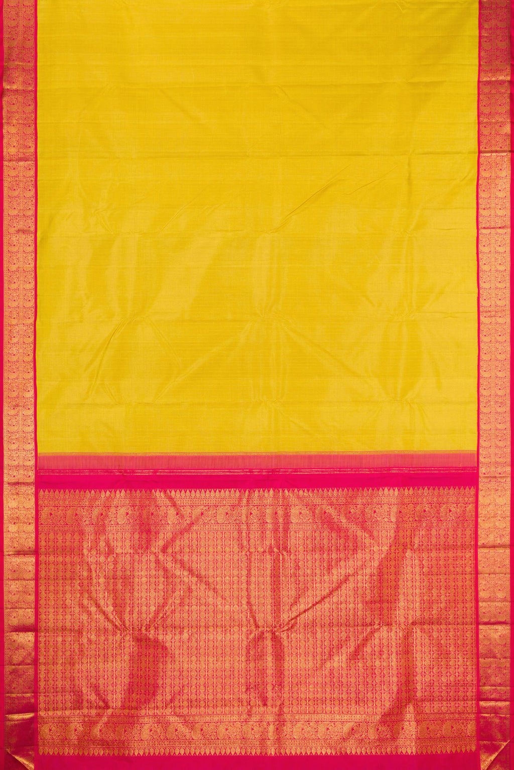 Flat view of Lemon Yellow Kanjivaram Silk Saree with Stripes on the body and Zari Border. 