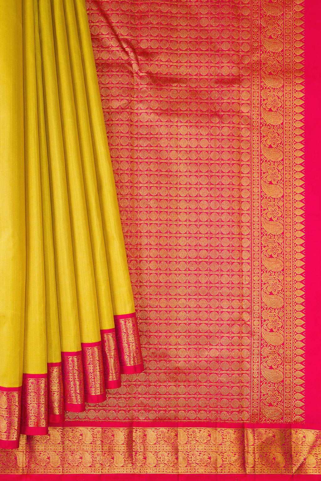 Pleats and pallu of Lemon Yellow Kanjivaram Silk Saree with Stripes on the body and Zari Border. 