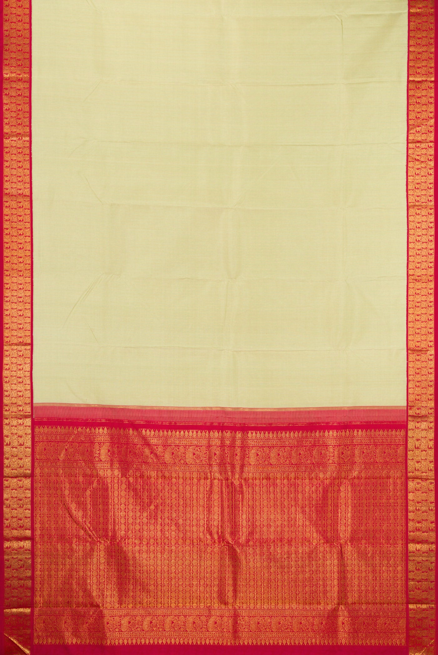 Flat view of Pista Green Kanjivaram Silk Saree with Stripes on the body and Zari Border. 
