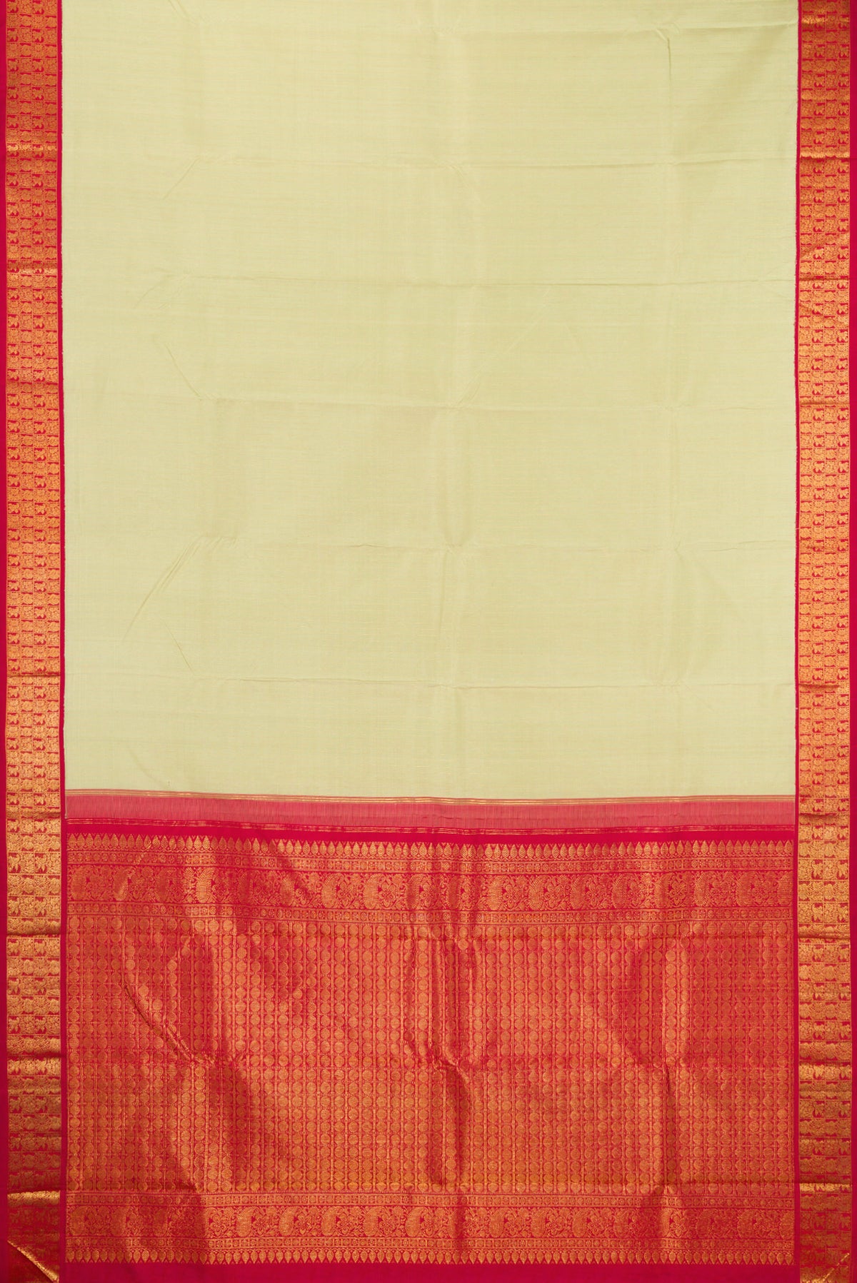 Flat view of Pista Green Kanjivaram Silk Saree with Stripes on the body and Zari Border. 