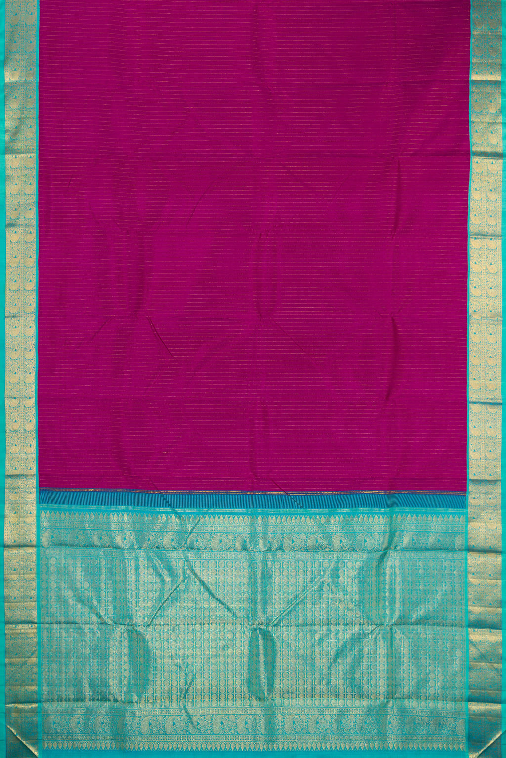 Flat view of Purple Kanjivaram Silk Saree with Stripes on the body and Zari Border. 