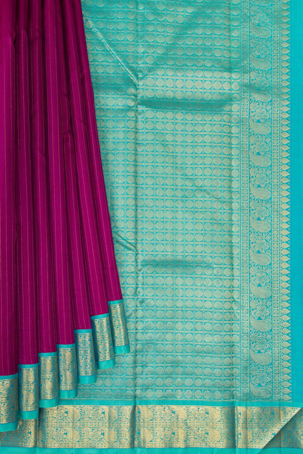 Pleats and pallu of Purple Kanjivaram Silk Saree with Stripes on the body and Zari Border. 
