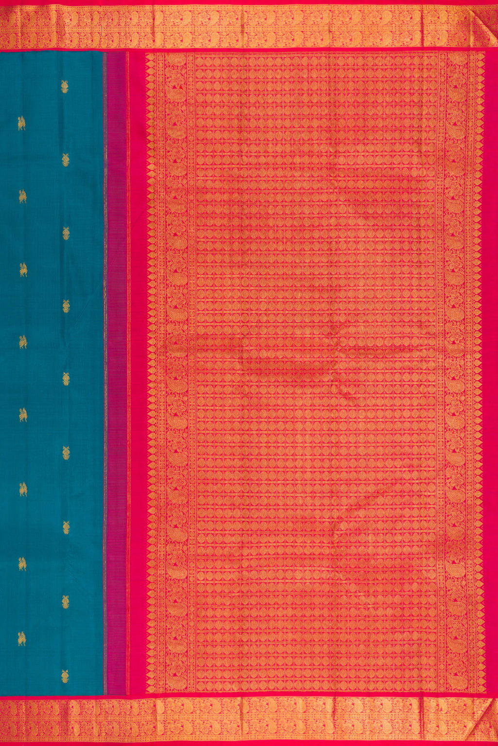 Close up image of the pallu of Blue Kanjivaram Silk Saree with Zari Butta on the body and Zari Border. 