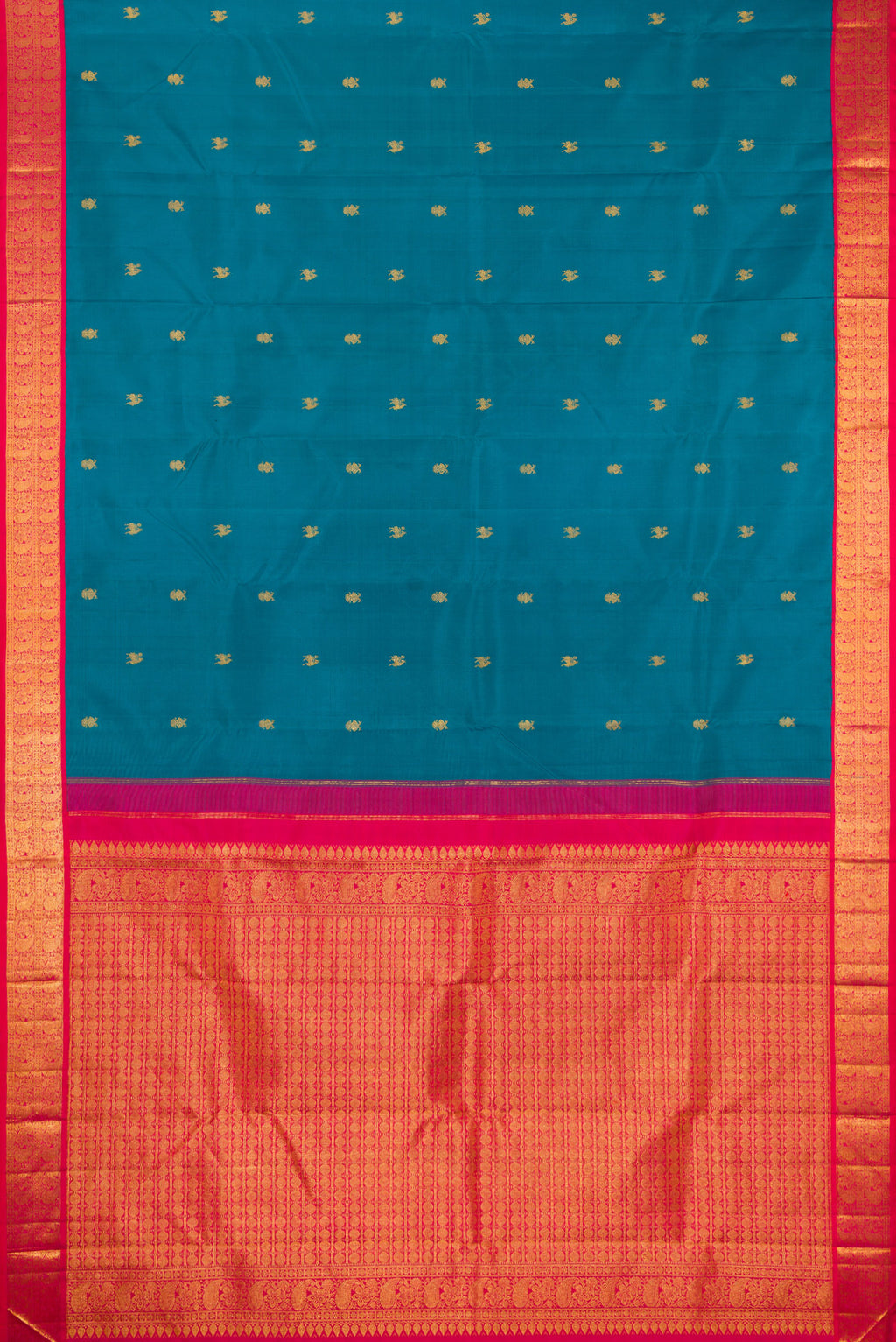 Flat view of Blue Kanjivaram Silk Saree with Zari Butta on the body and Zari Border. 