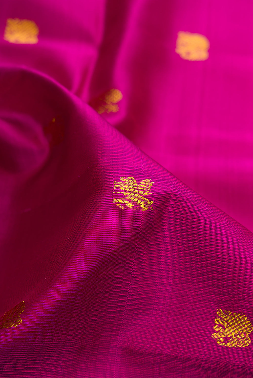 Close up of Magenta Kanjivaram Silk Saree with Zari Butta on the body and Zari Border.  displaying folds