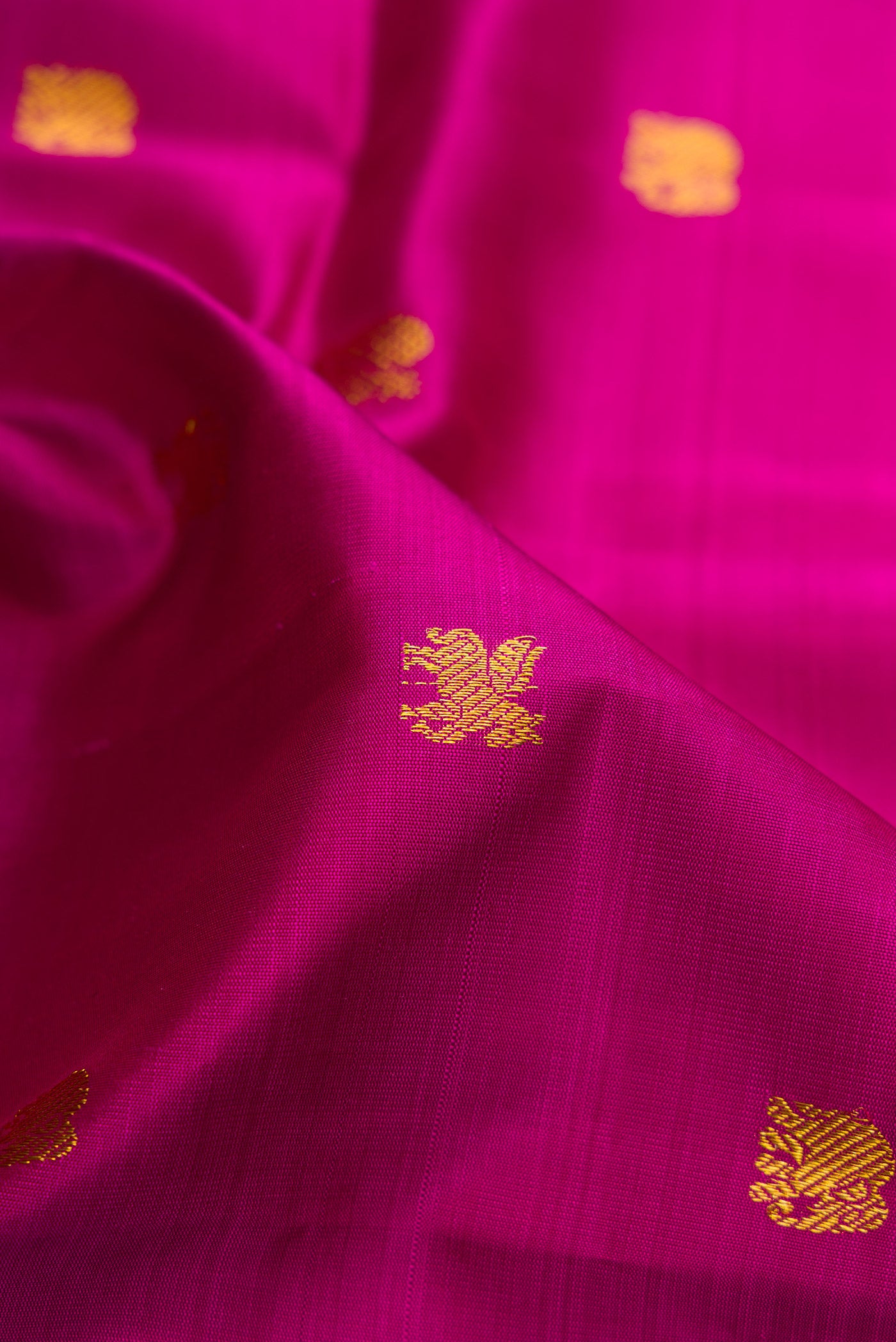 Close up of Magenta Kanjivaram Silk Saree with Zari Butta on the body and Zari Border.  displaying folds
