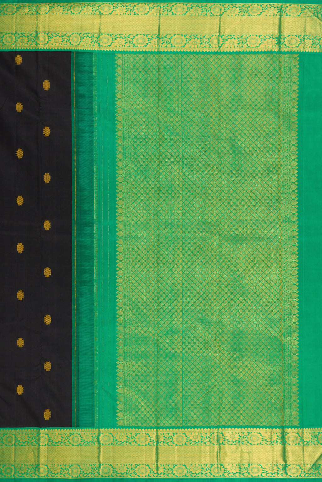 Close up image of the pallu of Black Kanjivaram Silk Saree with Zari Butta on the body and Fancy Border. 