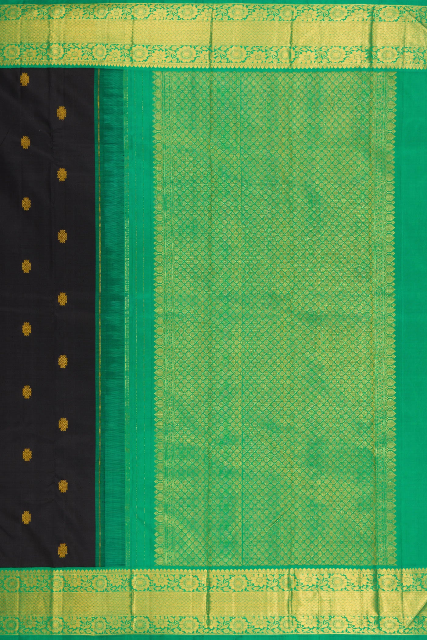 Close up image of the pallu of Black Kanjivaram Silk Saree with Zari Butta on the body and Fancy Border. 