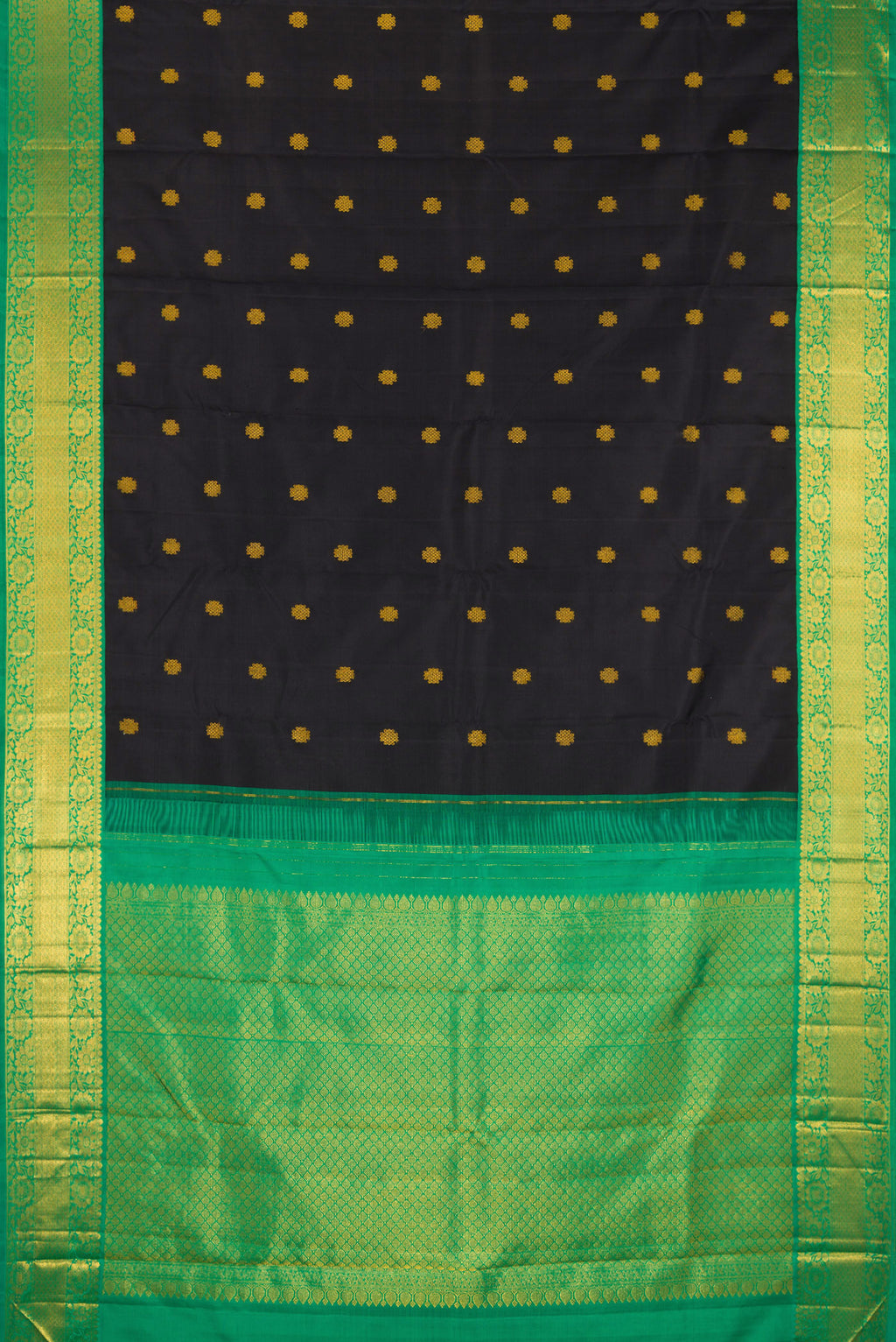 Flat view of Black Kanjivaram Silk Saree with Zari Butta on the body and Fancy Border. 