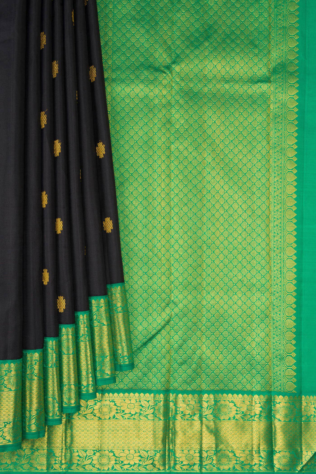 Pleats and pallu of Black Kanjivaram Silk Saree with Zari Butta on the body and Fancy Border. 