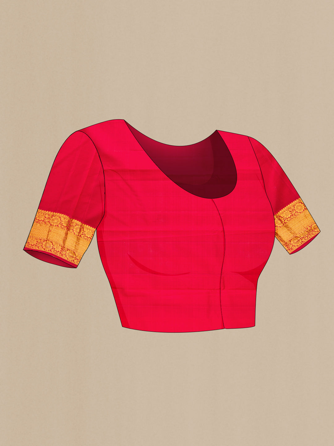 Close up image of the blouse of Off White Kanjivaram Silk Saree with Zari Butta on the body and Zari Border. 