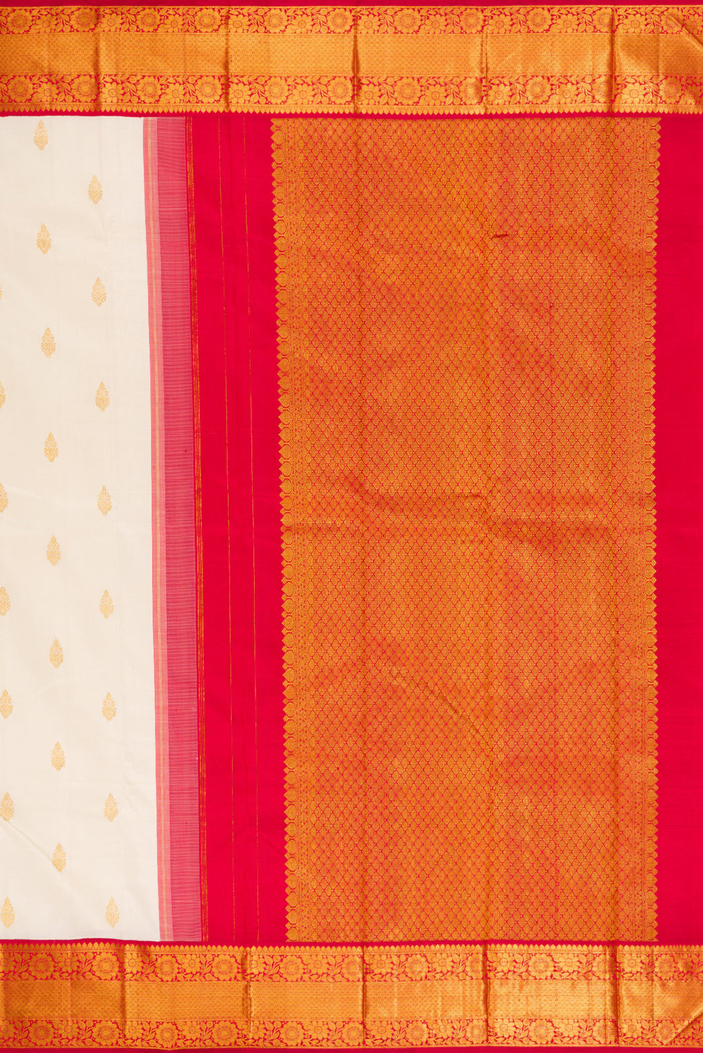 Close up image of the pallu of Off White Kanjivaram Silk Saree with Zari Butta on the body and Zari Border. 