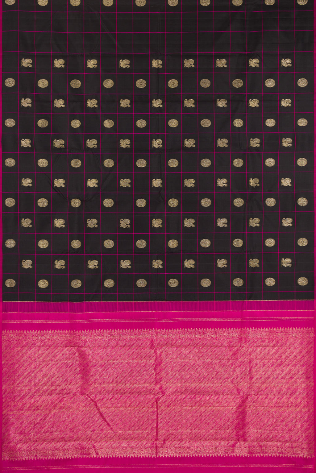 Flat view of Pure Silk Black Kanchipuram Saree with Checked design on the body and Without Border. 