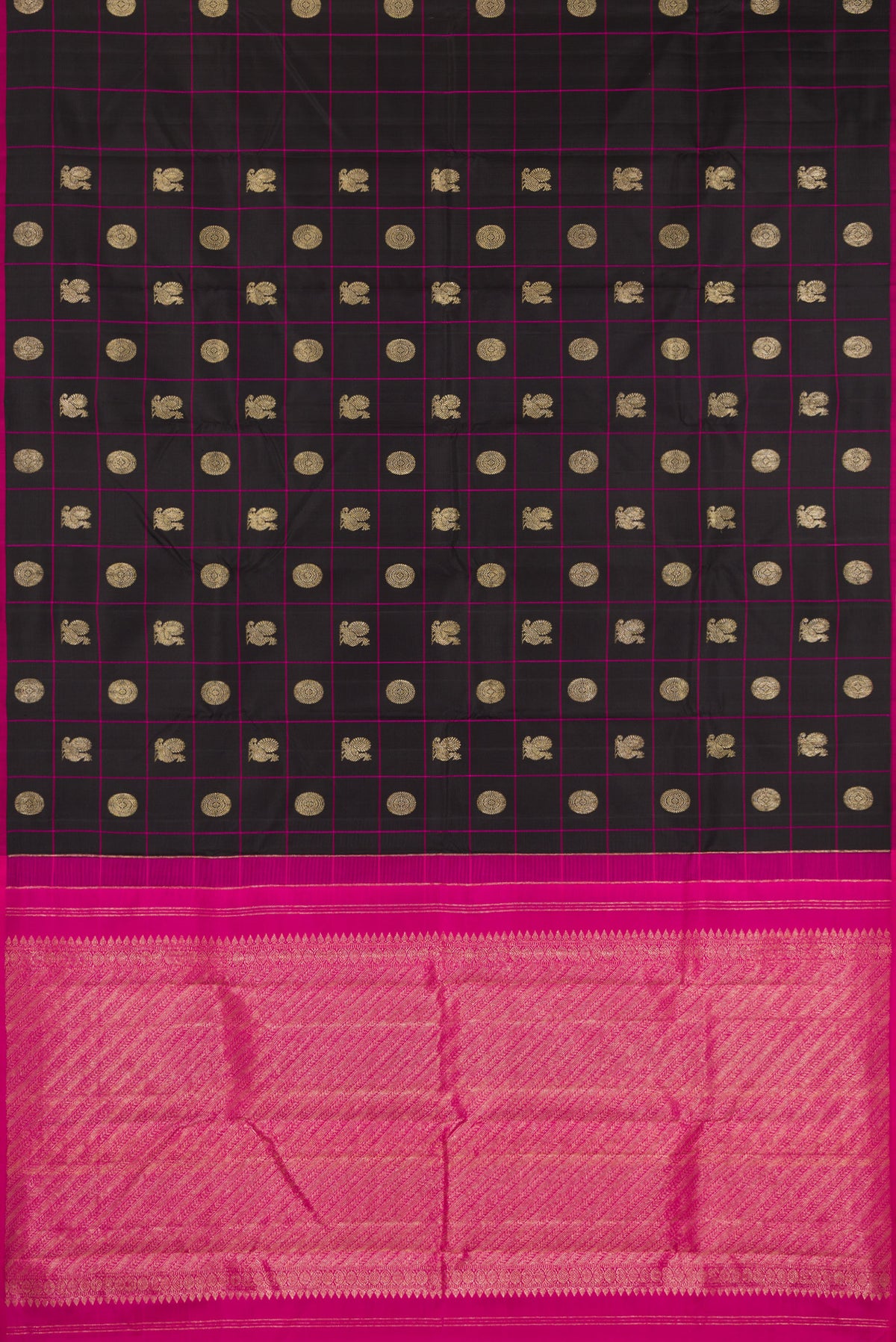 Flat view of Pure Silk Black Kanchipuram Saree with Checked design on the body and Without Border. 