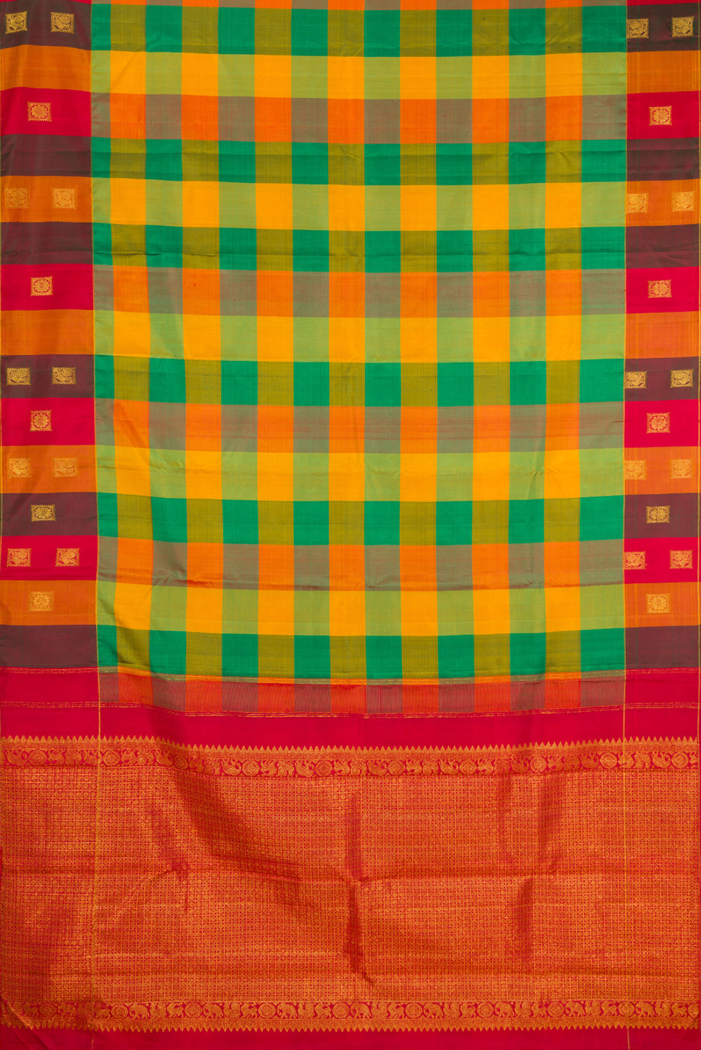 Flat view of Multi Color Kanchipuram Silk Saree with Checked design on the body and Fancy Border. 
