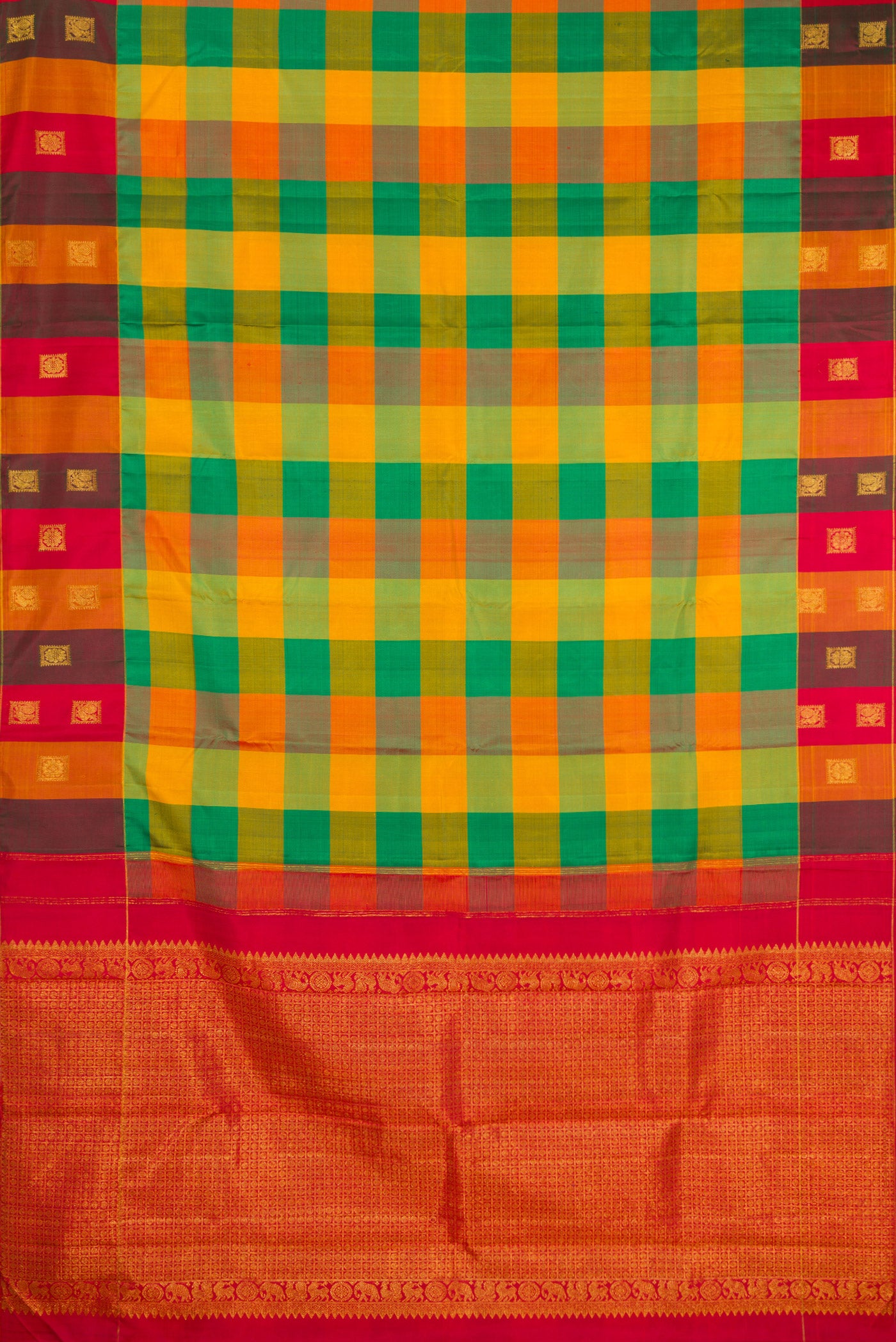Flat view of Multi Color Kanchipuram Silk Saree with Checked design on the body and Fancy Border. 